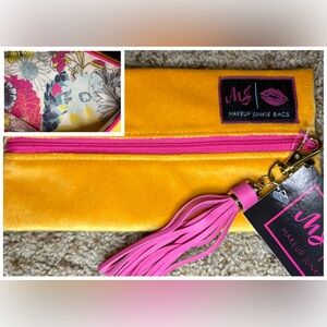 ✨NWT Mini Yellow & Hot Pink Makeup Junkie Bag w Tassel & Floral Interior